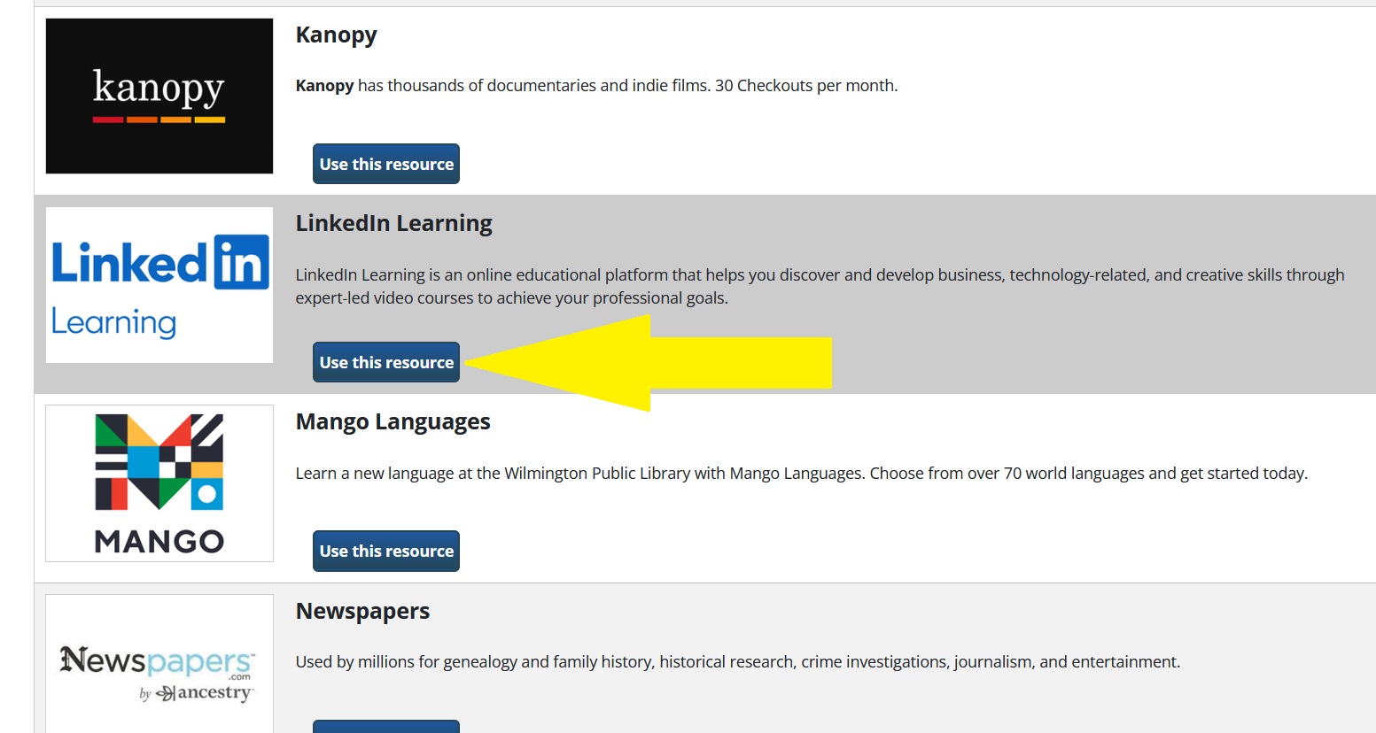 e-resources page for Wilmington Public Library, Ohio indicating where to click to use LinkedIn Learning