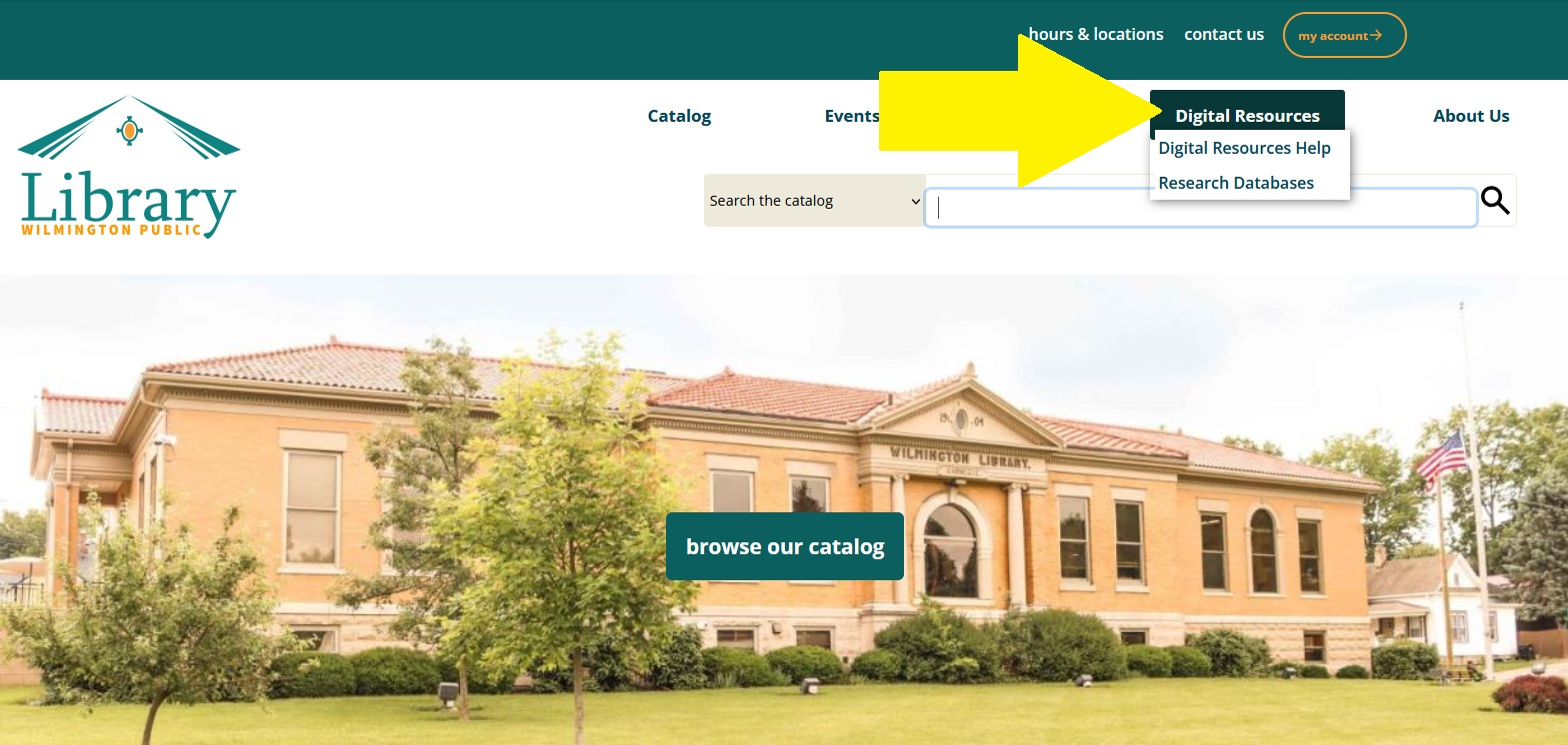 image of Wilmington Public Library front page, indicating where to click to access digital resources
